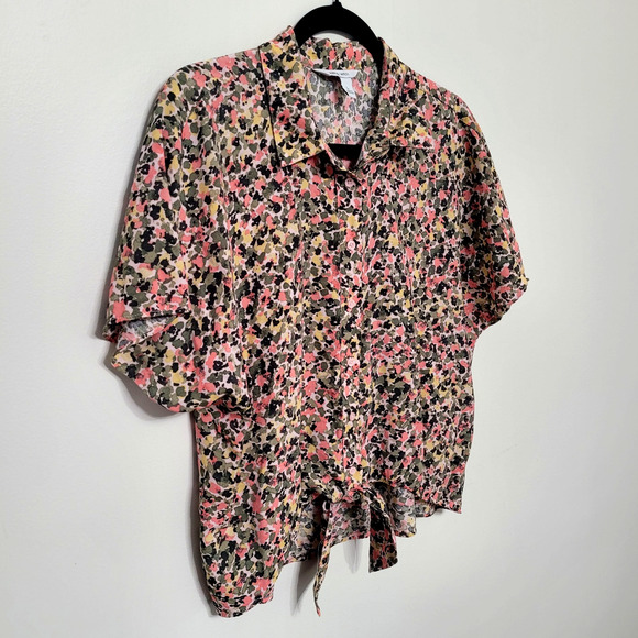 Nine West Women’s Large Multicolor Short Sleeve Button Up Blouse Floral Print - Picture 1 of 7